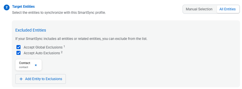 Include all entities except Contact and those on exclusion lists