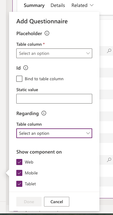 properties of the questionnaire player pcf