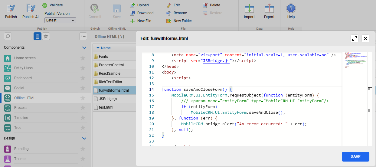 Offline HTML window in Woodford with editor