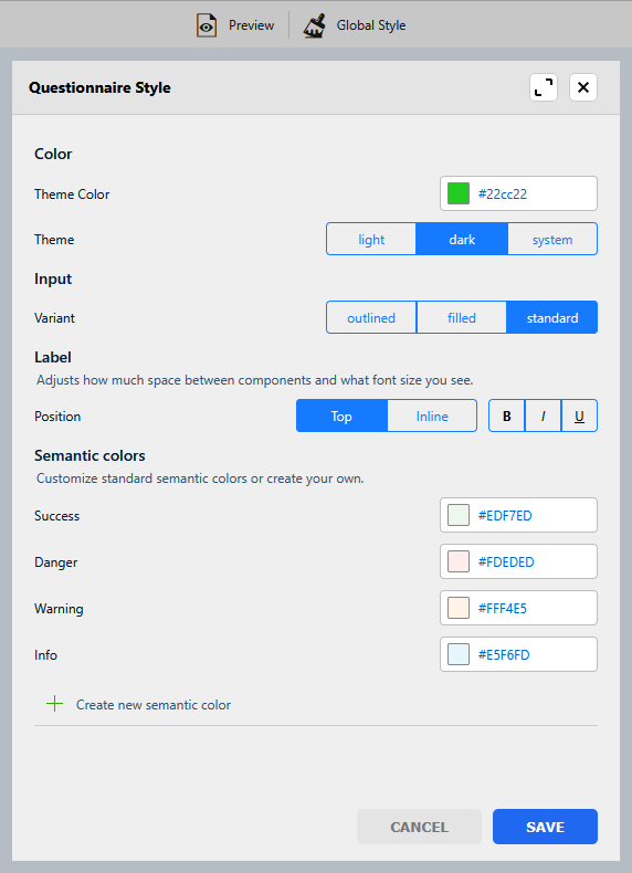 gen 2 questionnaire style editor