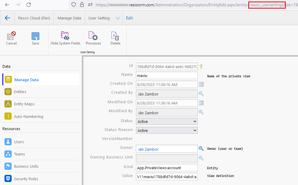 Private views in Resco Cloud, accessed via Admin Console