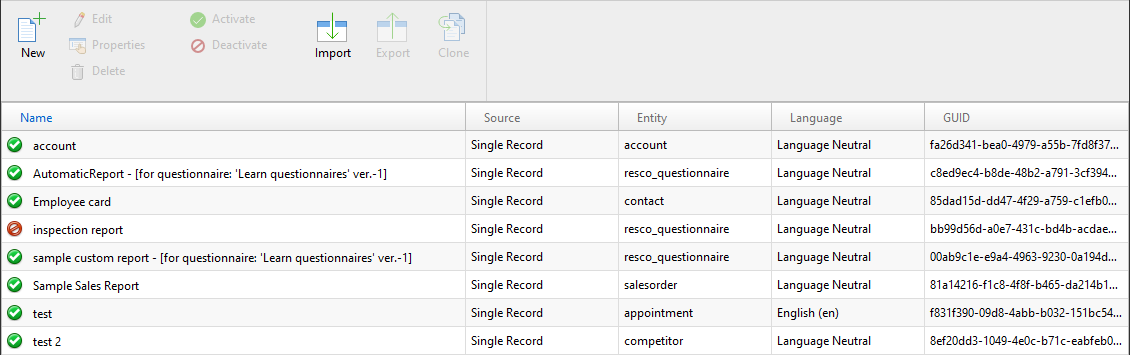 Report designer main screen (list of reports)