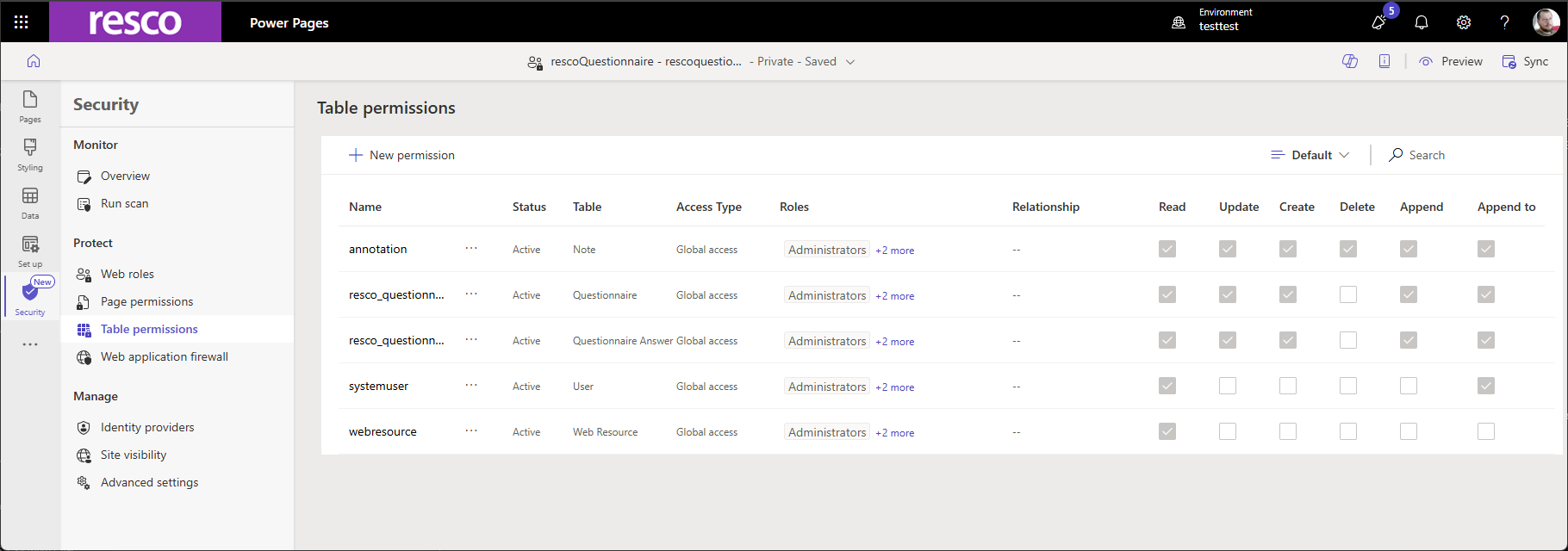 power pages table permissions