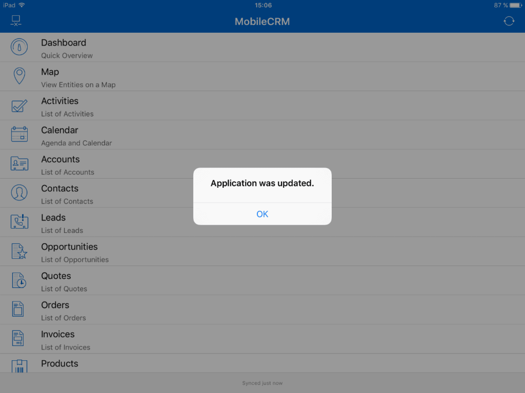 Aplication was succesfully updated window in the app