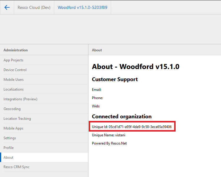 About section in Woodford contains organization info