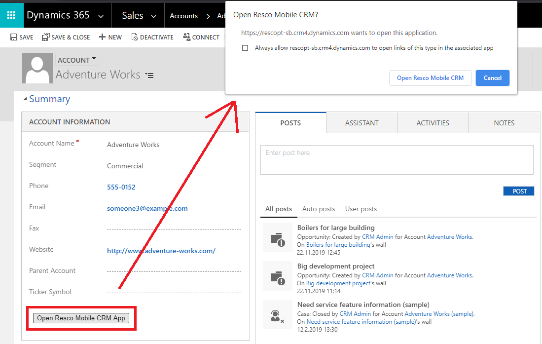 Open record in Resco Mobile CRM from Dynamics showcase