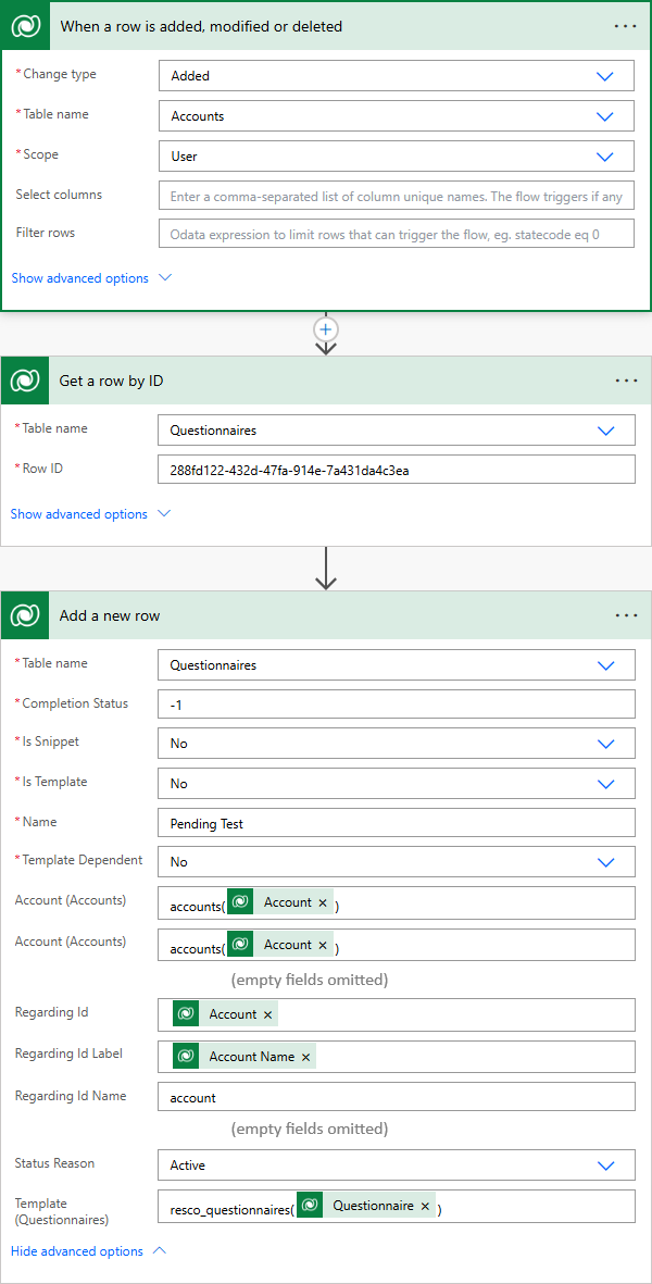 pa flow generating a pending questionnaire