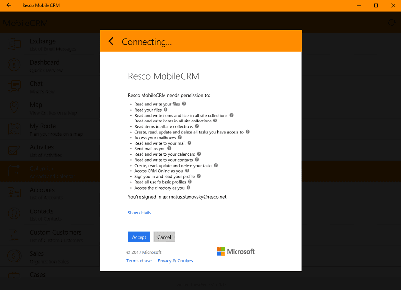 permissions required by Resco mobile apps