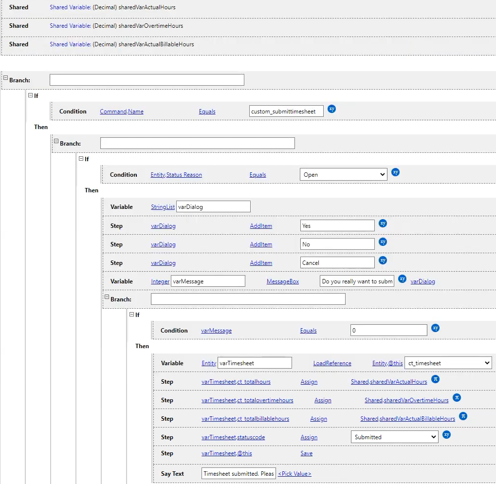 Timesheet message box rule example