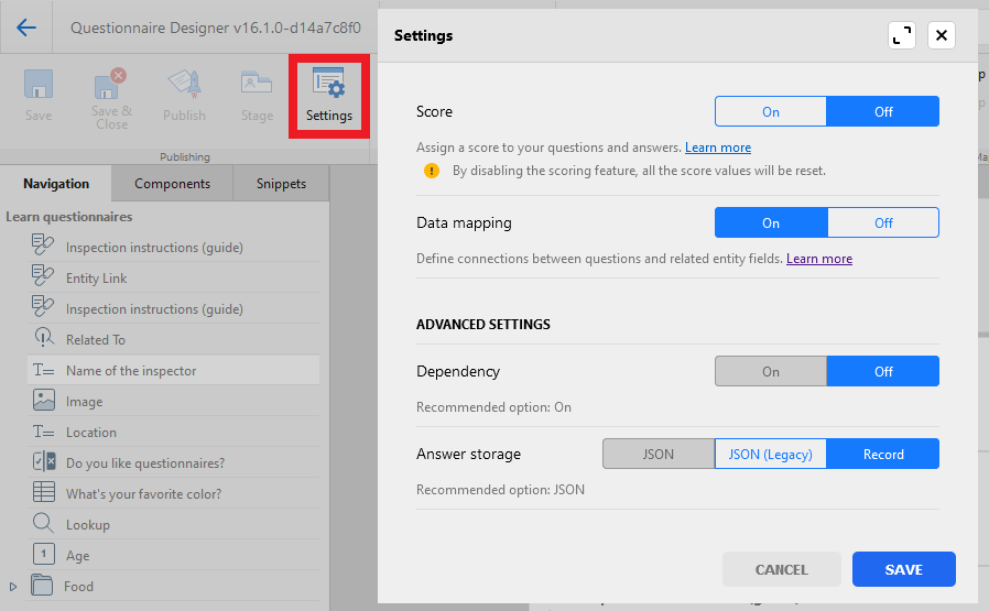 questionnaire settings in the toolbar