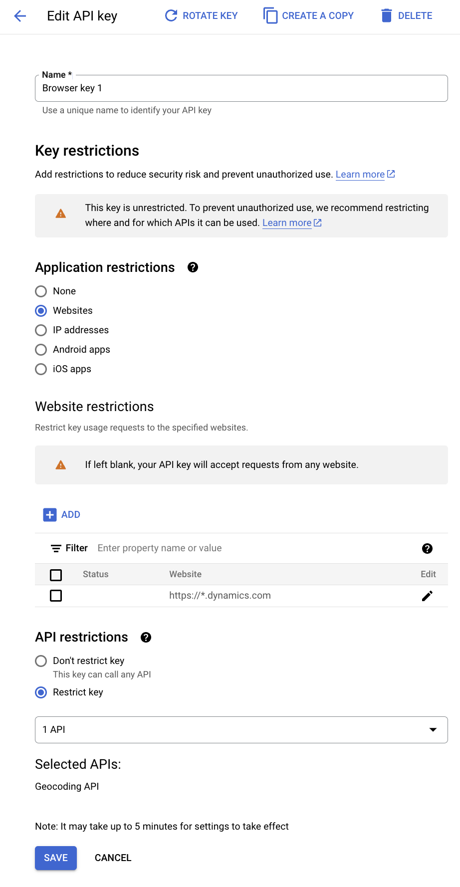 Google maps API settings