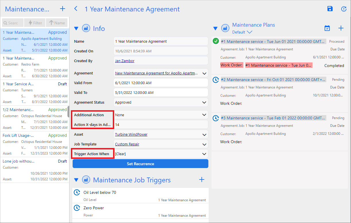 Standard form for the maintenance job entity