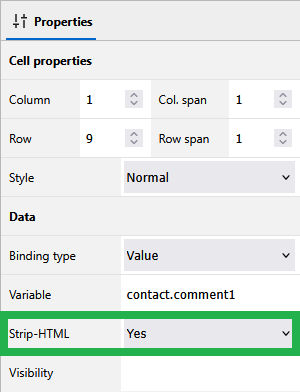 text cell properties strip HTML