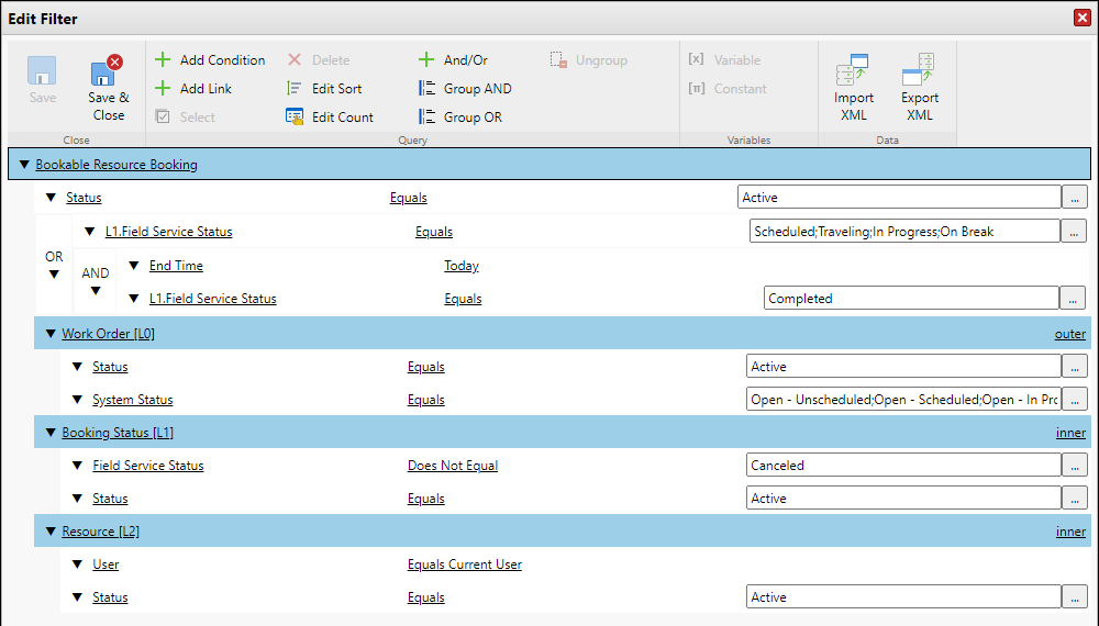 Example of filter editor with multiple linked entities