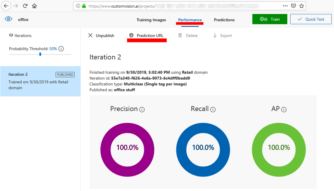performance tab in the Azure Custom Vision service