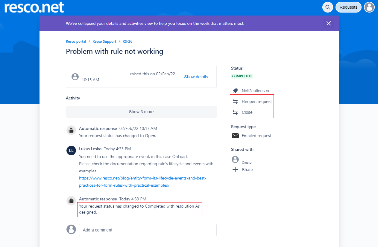 Support portal request actions