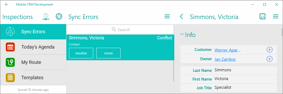 Sync errors screen in Resco mobile apps