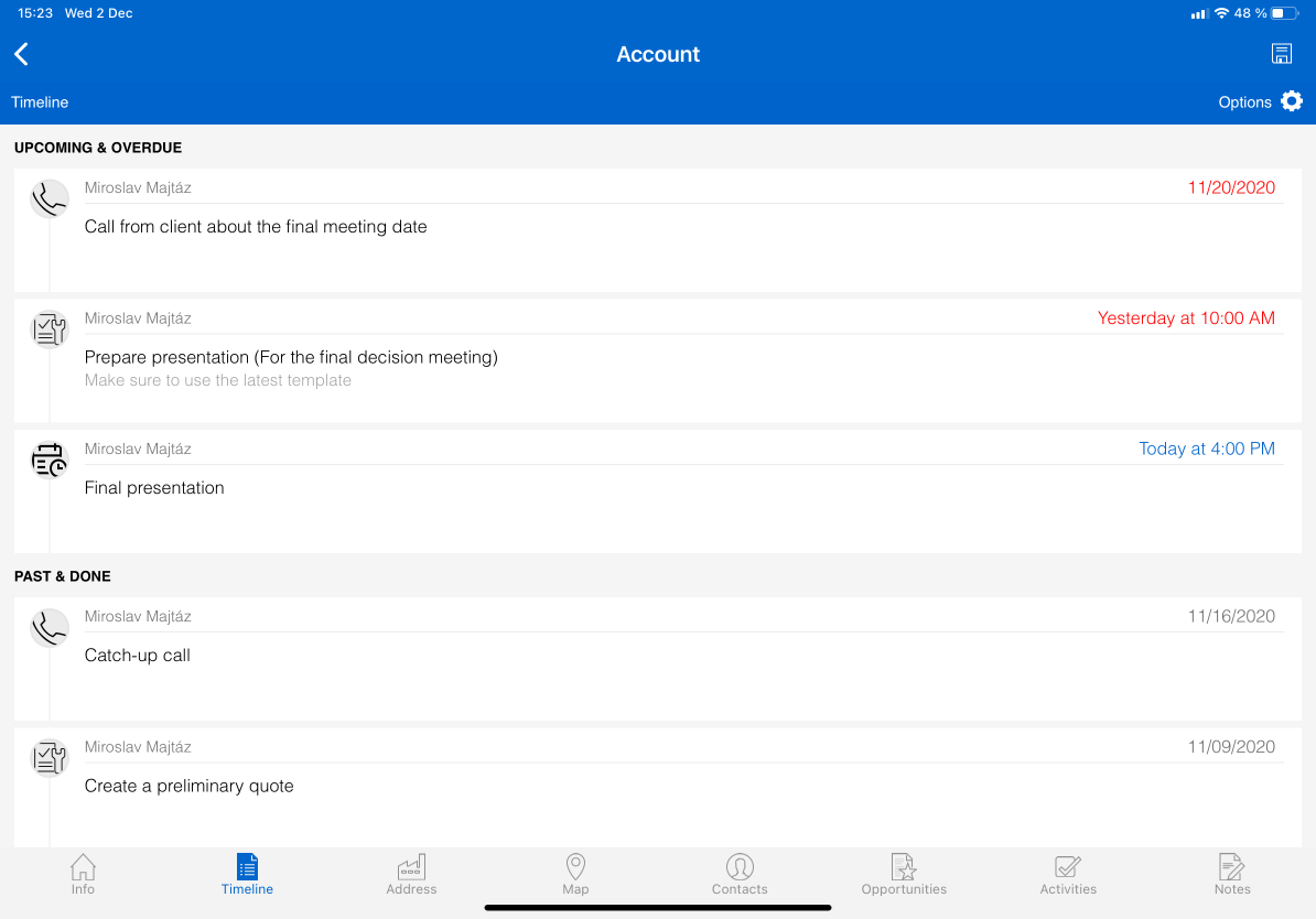 example of timeline in Resco mobile apps - full view