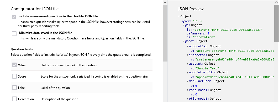 Json configurator in Questionnaire Designer