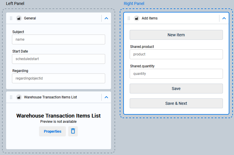 Warehouse transaction form with three tabs