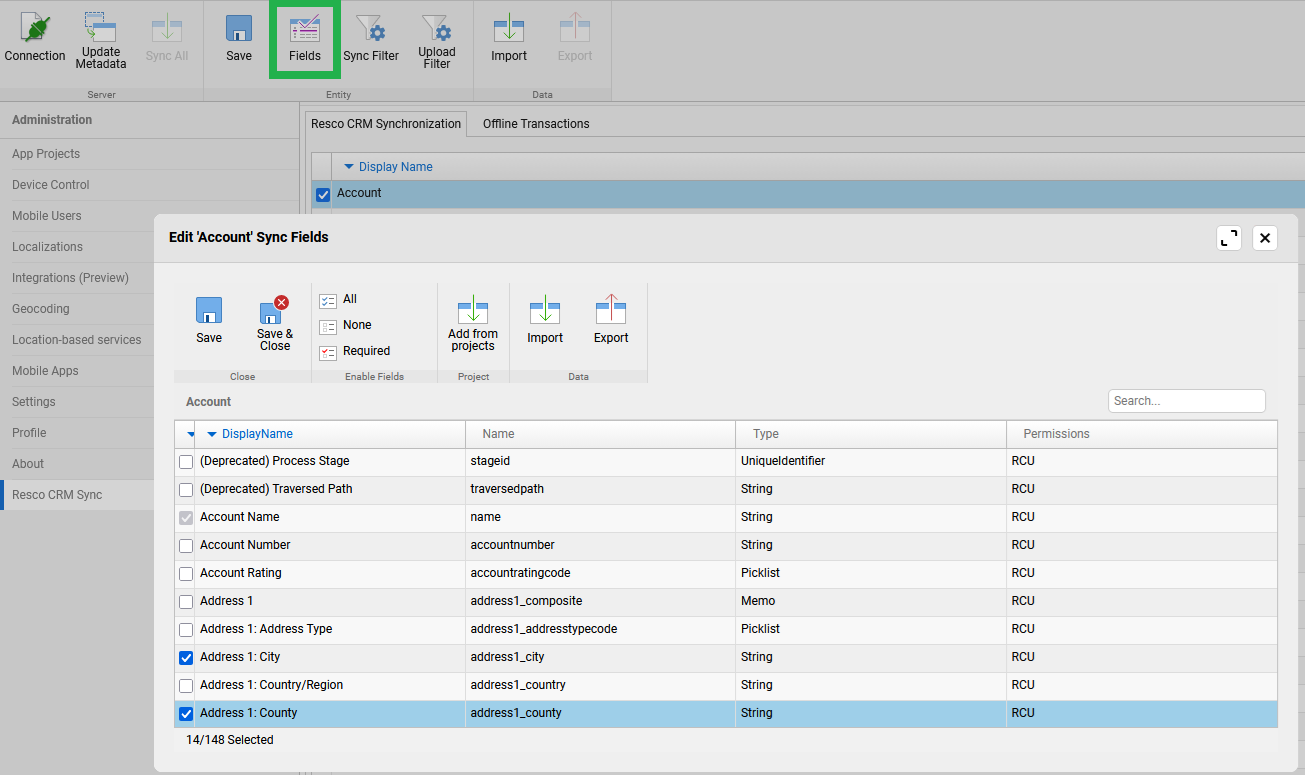 customize fields for resco crm sync