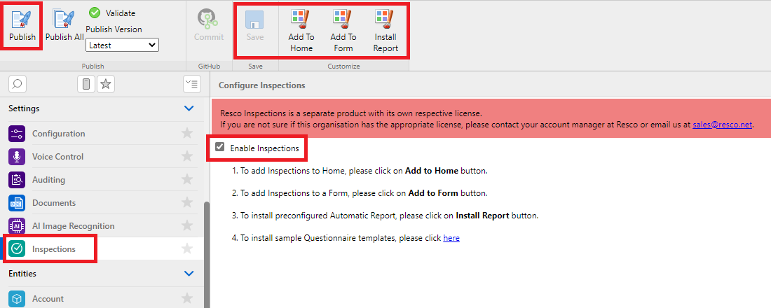 Enable resco inspections in an existing project Enable resco inspections in an existing project step 5