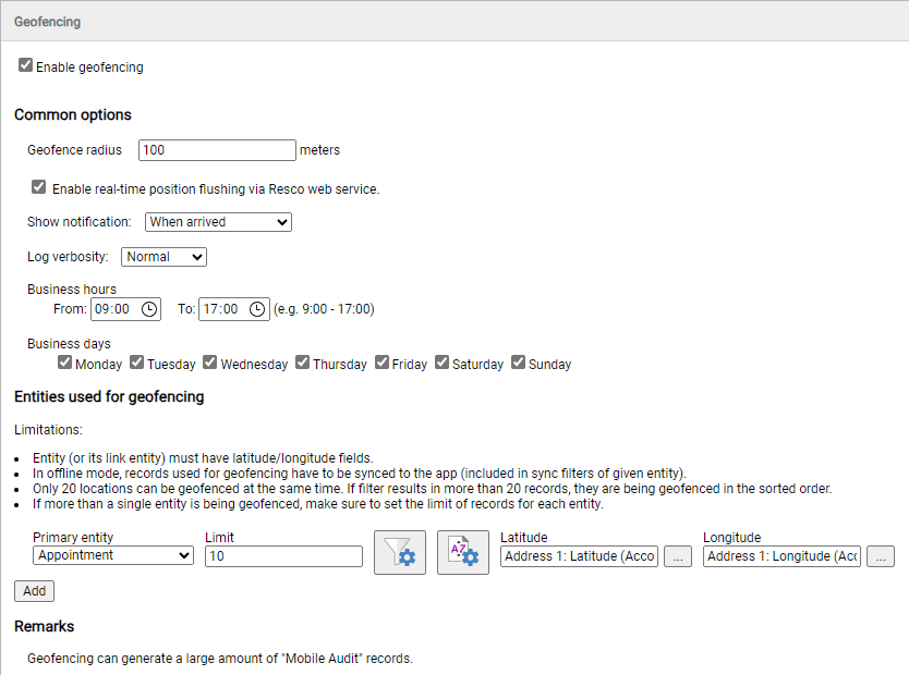 Configure geofencing in woodford