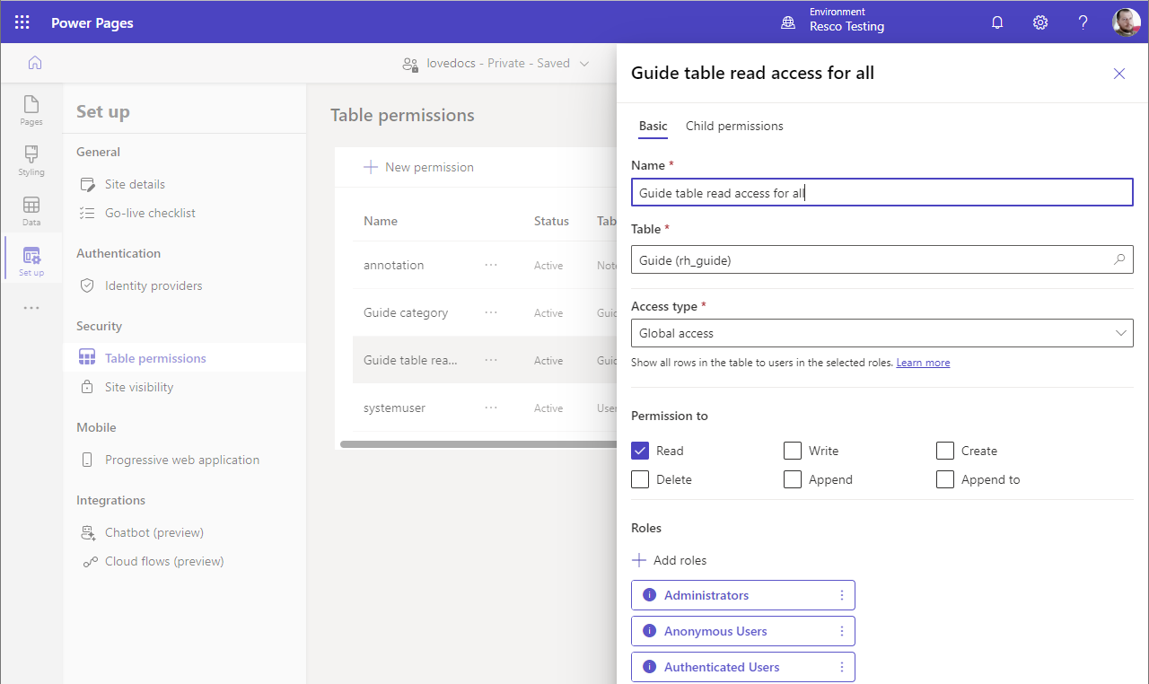 Grant table permissions for power page