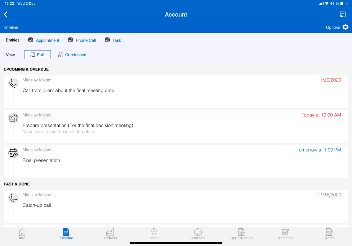 example of timeline in Resco mobile apps - full view