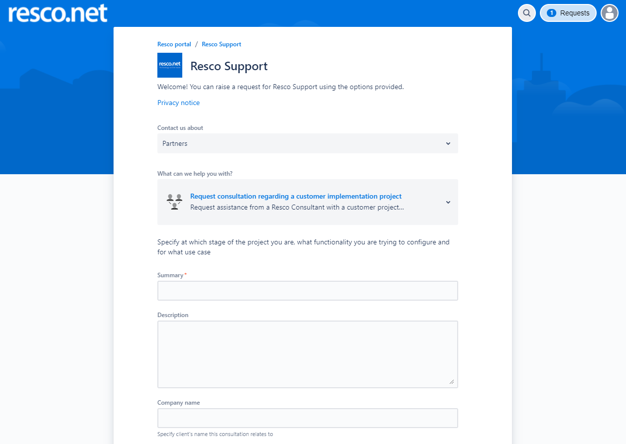 Support portal partner- request consultation page
