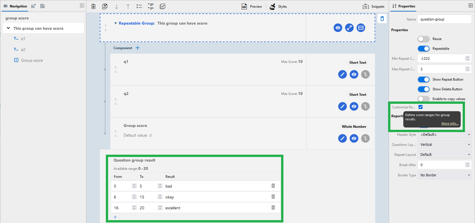 customize score ranges for groups