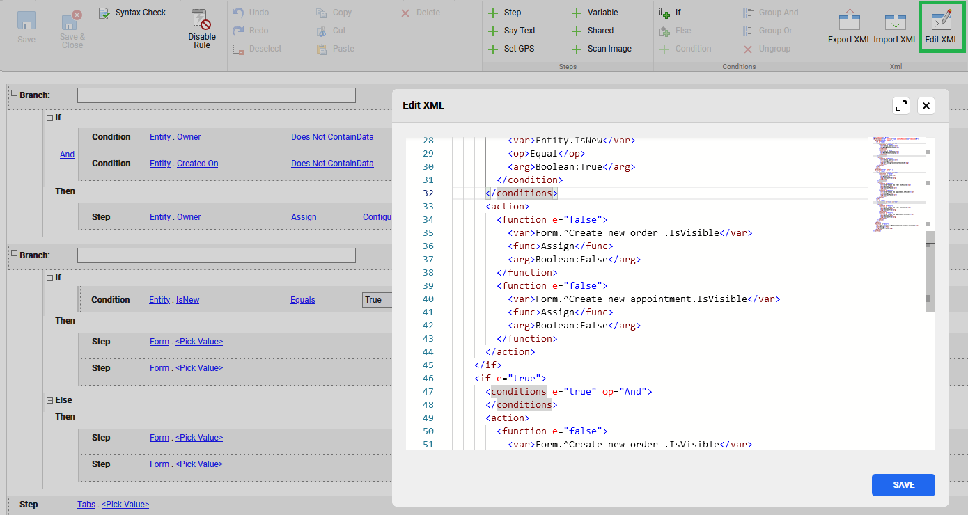 Display rule in XML format in a new code editor