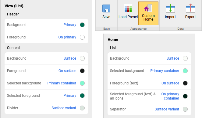 Display separate color tokens for home screen