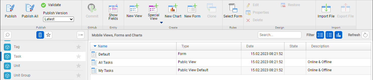 List of mobile views, forms, and charts for the Task entity.