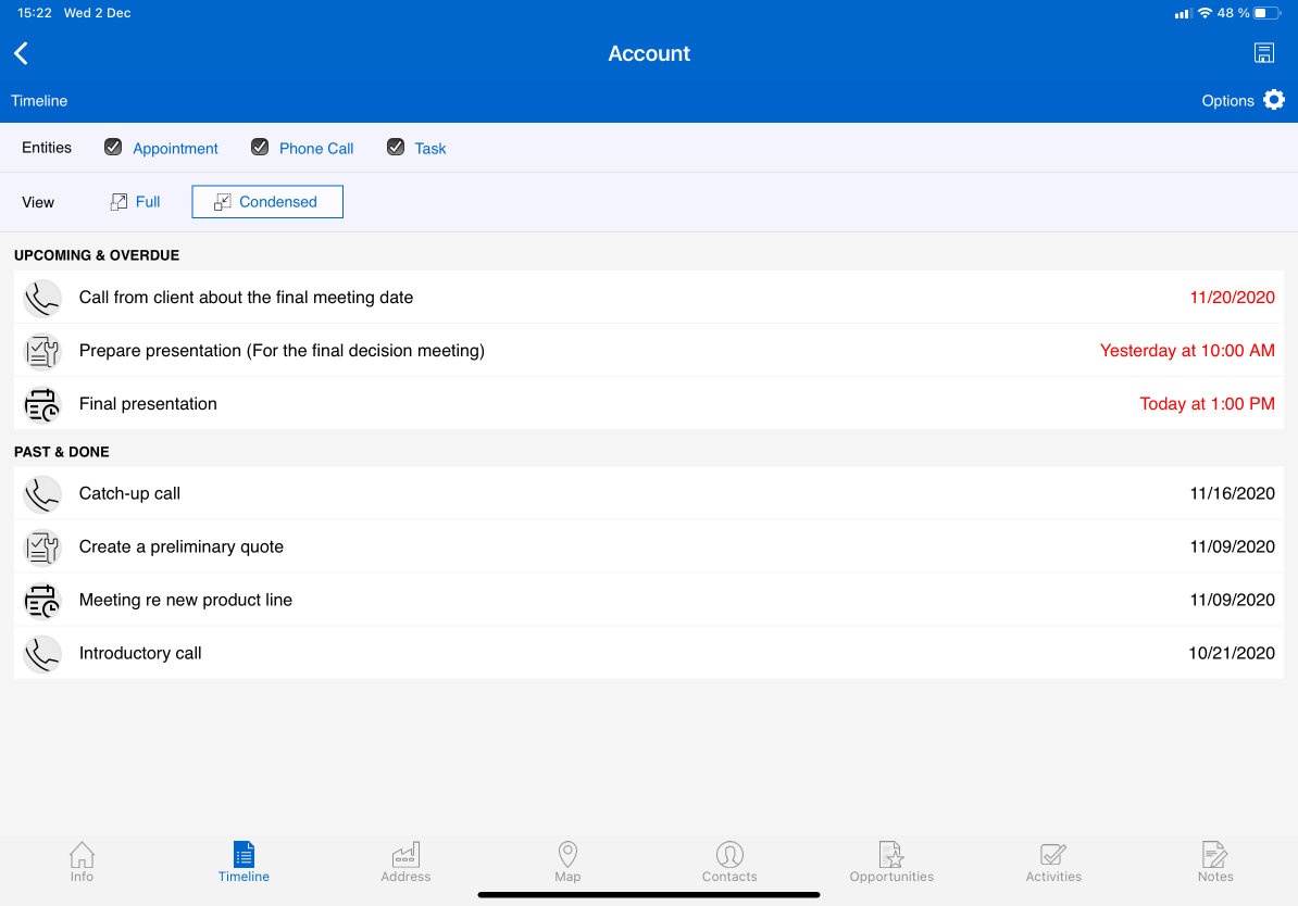 example of timeline in Resco mobile apps - condensed view