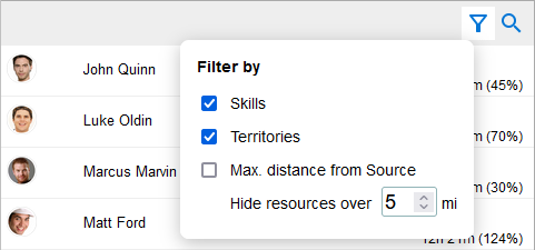 Resource pane in Schedule Board, with filtering