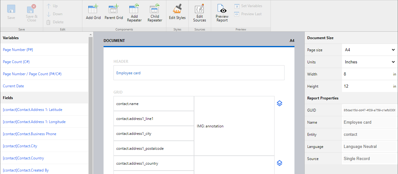 report desiger editor screen