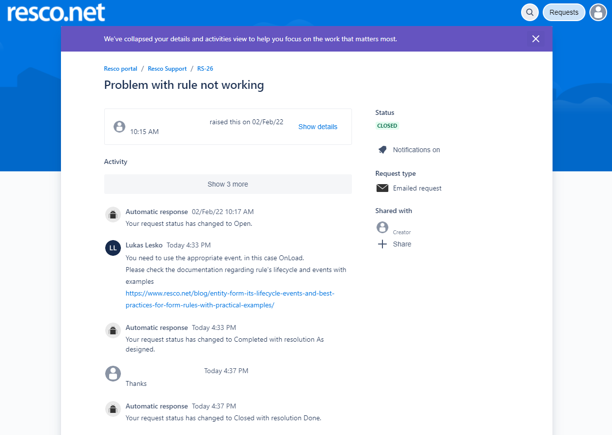 Support portal request is closed