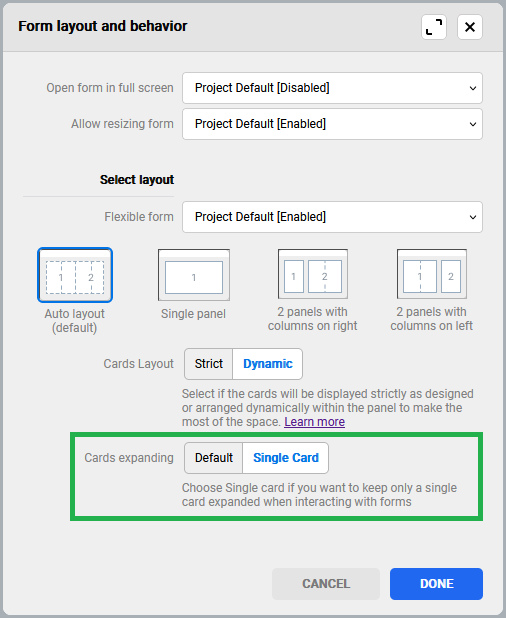 set flexible form to display a single card at a time