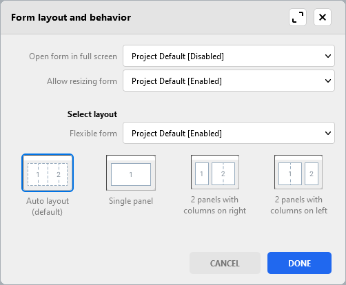 Form layout and behaviour widnow