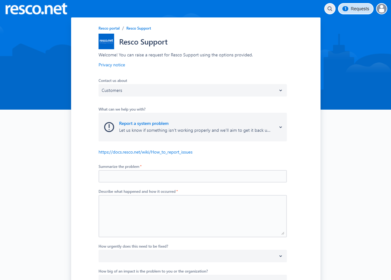Support portal customer - report problem page