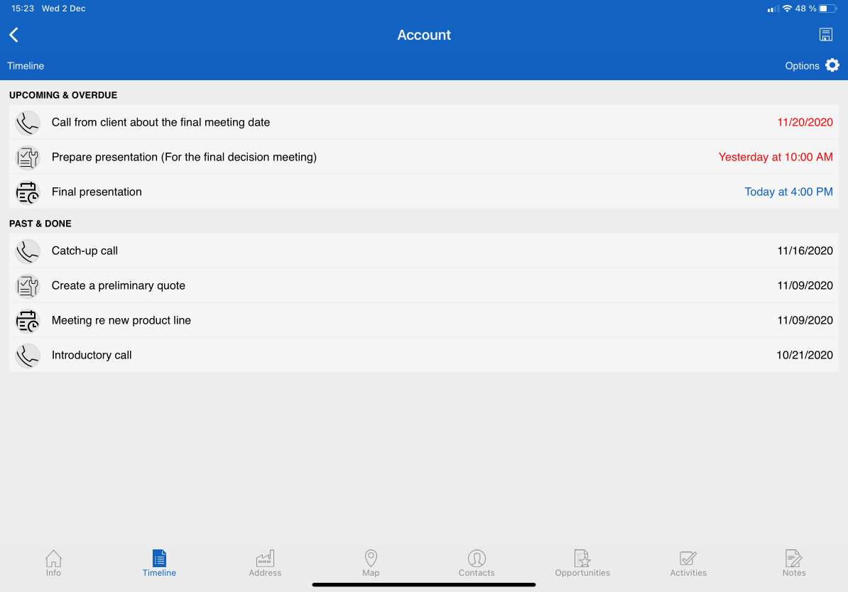 example of timeline in Resco mobile apps - condensed view