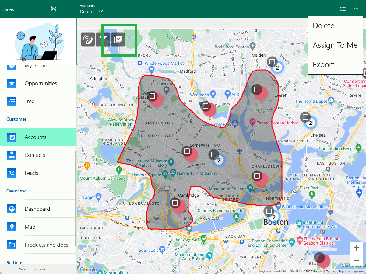 select multiple records on the map view and run commands.