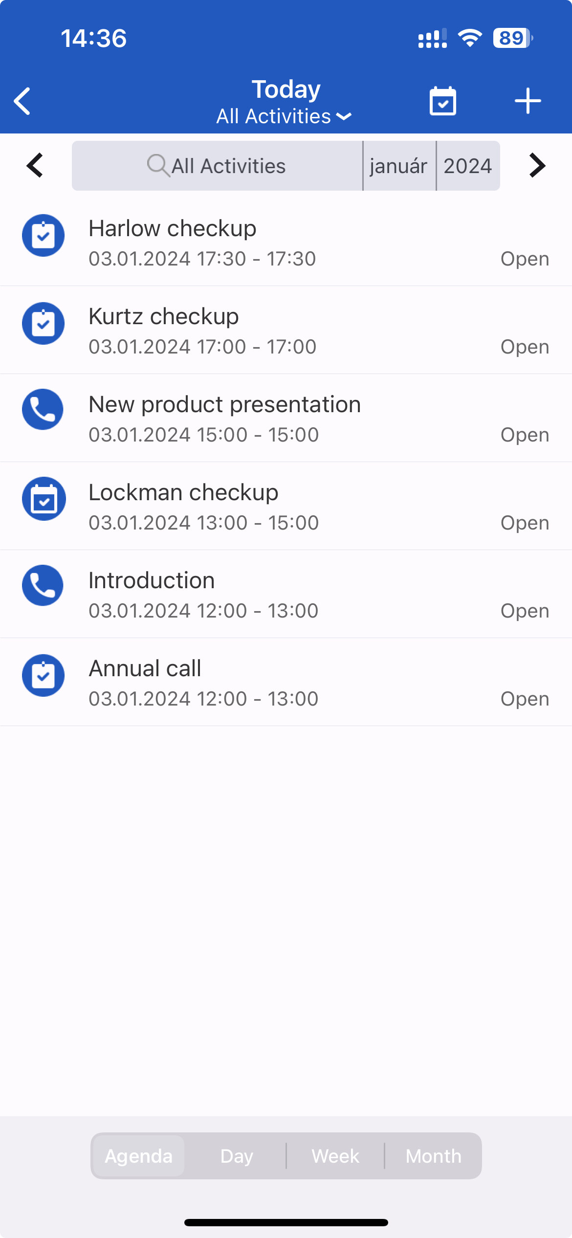 Agenda view on the Calendar