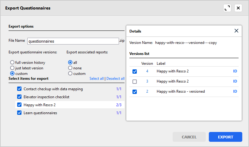 Export questionnaire templates from the Questionnaire Designer with additional options