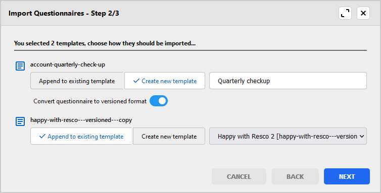 Import questionnaire templates with additional options