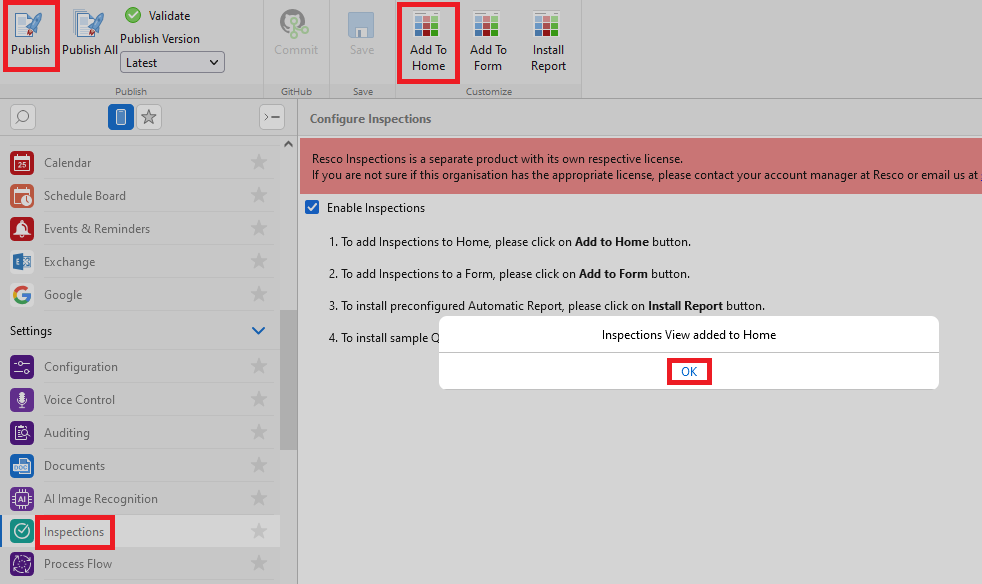 add inspections to home screen menu