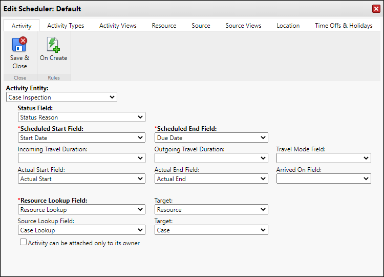Schedule Board settings, activity tab